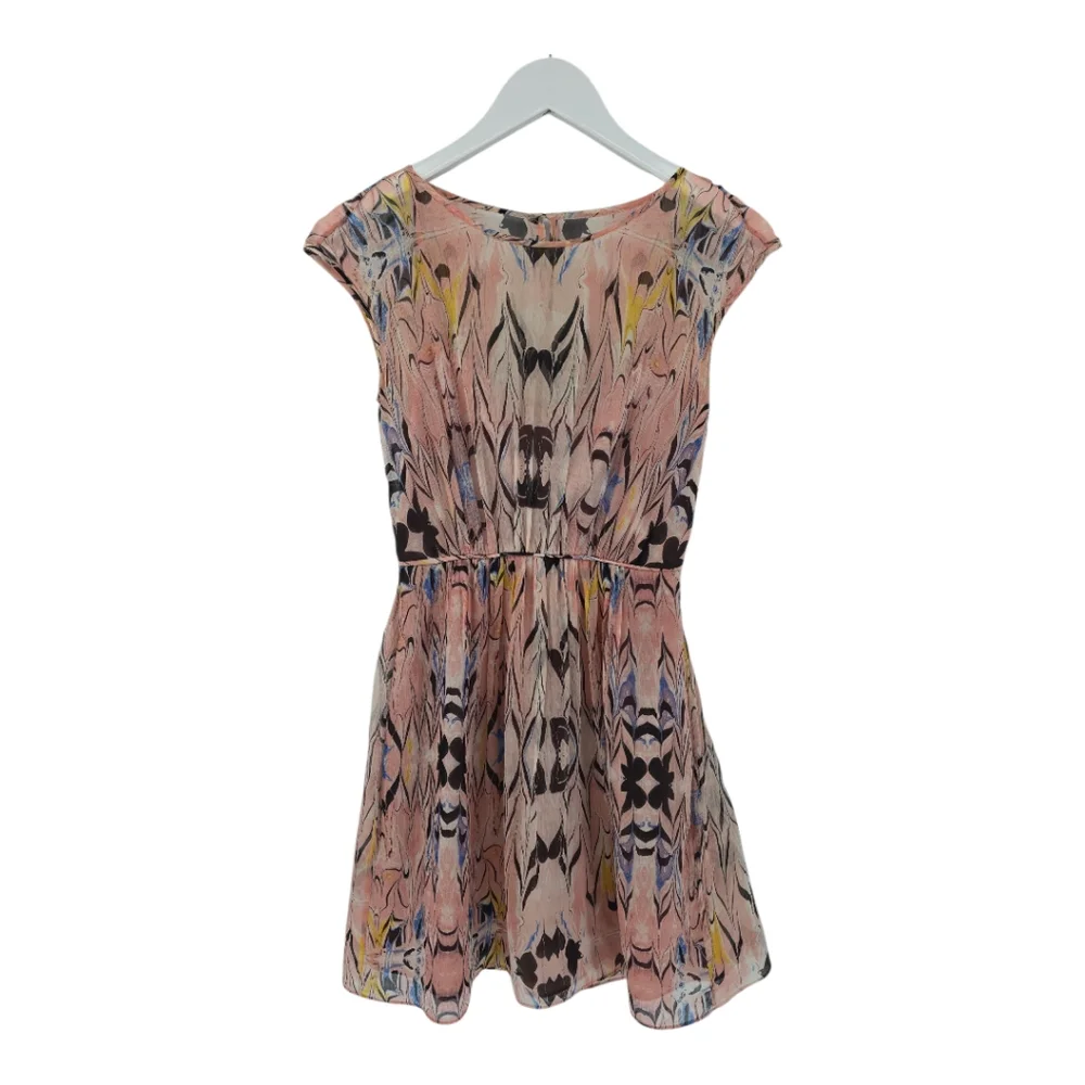 J Crew Women's E0709 100% Silk Marbled Printed Chiffon Dress Lined Pink Size 00